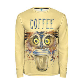 Мужской лонгслив 3D с принтом Сова и кофе в Тюмени, 100% полиэстер | длинные рукава, круглый вырез горловины, полуприлегающий силуэт | coffee | food | love | owl | кофе | сова