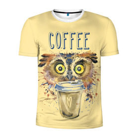 Мужская футболка 3D спортивная с принтом Сова и кофе в Тюмени, 100% полиэстер с улучшенными характеристиками | приталенный силуэт, круглая горловина, широкие плечи, сужается к линии бедра | coffee | food | love | owl | кофе | сова