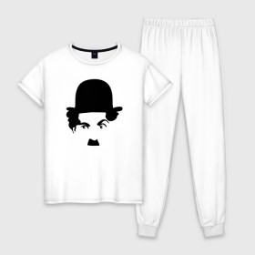 Женская пижама хлопок с принтом Чарли Чаплин в Тюмени, 100% хлопок | брюки и футболка прямого кроя, без карманов, на брюках мягкая резинка на поясе и по низу штанин | Тематика изображения на принте: глаза. котелок | знаменитость | известность | лицо | минимализм | портрет | чаплин | чарли