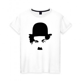 Женская футболка хлопок с принтом Чарли Чаплин в Тюмени, 100% хлопок | прямой крой, круглый вырез горловины, длина до линии бедер, слегка спущенное плечо | глаза. котелок | знаменитость | известность | лицо | минимализм | портрет | чаплин | чарли