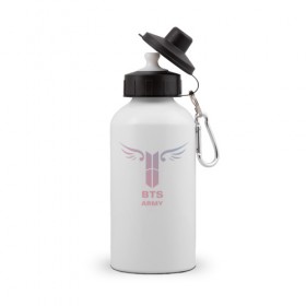Бутылка спортивная с принтом BTS Army в Тюмени, металл | емкость — 500 мл, в комплекте две пластиковые крышки и карабин для крепления | Тематика изображения на принте: k pop | аниме | корея | музыка