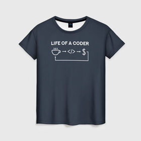 Женская футболка 3D с принтом Life of a coder в Тюмени, 100% полиэфир ( синтетическое хлопкоподобное полотно) | прямой крой, круглый вырез горловины, длина до линии бедер | coder | деньги | доллары | жизнь | код | кофе | программист | тыжпрограммист | цикл | язык