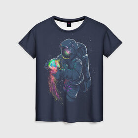Женская футболка 3D с принтом Космическая Медуза в Тюмени, 100% полиэфир ( синтетическое хлопкоподобное полотно) | прямой крой, круглый вырез горловины, длина до линии бедер | earth | space | spaceman | земля | космонавт | космос | скафандр