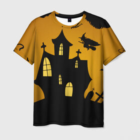 Мужская футболка 3D с принтом Страшный домик в Тюмени, 100% полиэфир | прямой крой, круглый вырез горловины, длина до линии бедер | halloween | ведьма | замок | кладбище | кресты | луна | могилы | мышь | надгробья | ночь | призрак | страшно | хэллоуин