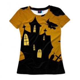 Женская футболка 3D с принтом Страшный домик в Тюмени, 100% полиэфир ( синтетическое хлопкоподобное полотно) | прямой крой, круглый вырез горловины, длина до линии бедер | halloween | ведьма | замок | кладбище | кресты | луна | могилы | мышь | надгробья | ночь | призрак | страшно | хэллоуин