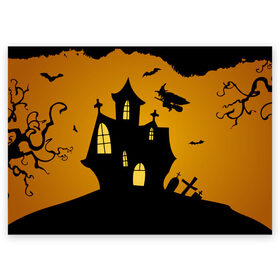 Поздравительная открытка с принтом Страшный домик в Тюмени, 100% бумага | плотность бумаги 280 г/м2, матовая, на обратной стороне линовка и место для марки
 | halloween | ведьма | замок | кладбище | кресты | луна | могилы | мышь | надгробья | ночь | призрак | страшно | хэллоуин