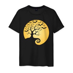 Мужская футболка хлопок с принтом Дерево на фоне луны в Тюмени, 100% хлопок | прямой крой, круглый вырез горловины, длина до линии бедер, слегка спущенное плечо. | Тематика изображения на принте: halloween | дерево | луна | мыши | ночь | страшно | хэллоуин