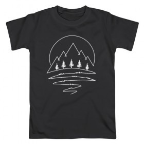 Мужская футболка хлопок с принтом Горный лес в Тюмени, 100% хлопок | прямой крой, круглый вырез горловины, длина до линии бедер, слегка спущенное плечо. | one line | горы | лес | линия | минимализм | ночь. луна | скалы. вершины. деревья. ели