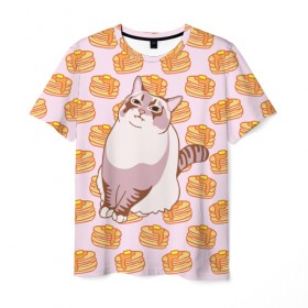 Мужская футболка 3D с принтом Блины в Тюмени, 100% полиэфир | прямой крой, круглый вырез горловины, длина до линии бедер | cat | fat | internet | meme | pancakes | блины | интернет | кот | лупс | мем
