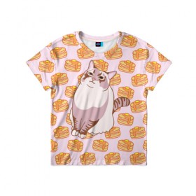 Детская футболка 3D с принтом Блины в Тюмени, 100% гипоаллергенный полиэфир | прямой крой, круглый вырез горловины, длина до линии бедер, чуть спущенное плечо, ткань немного тянется | cat | fat | internet | meme | pancakes | блины | интернет | кот | лупс | мем