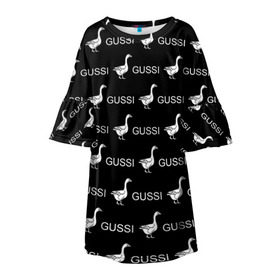Детское платье 3D с принтом GUSSI в Тюмени, 100% полиэстер | прямой силуэт, чуть расширенный к низу. Круглая горловина, на рукавах — воланы | Тематика изображения на принте: anti brend | gussi | trend | антибренд | гуси | мода | надписи | тренд