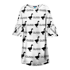Детское платье 3D с принтом GUSSI в Тюмени, 100% полиэстер | прямой силуэт, чуть расширенный к низу. Круглая горловина, на рукавах — воланы | Тематика изображения на принте: anti brend | gussi | trend | антибренд | гуси | мода | надписи | тренд