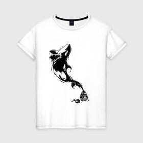 Женская футболка хлопок с принтом Чернильный дельфин в Тюмени, 100% хлопок | прямой крой, круглый вырез горловины, длина до линии бедер, слегка спущенное плечо | блики | брызги | дельфин. животное. клякса | касатка | минимализм | пятно | чернила
