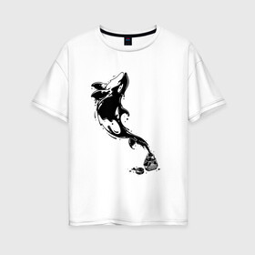 Женская футболка хлопок Oversize с принтом Чернильный дельфин в Тюмени, 100% хлопок | свободный крой, круглый ворот, спущенный рукав, длина до линии бедер
 | блики | брызги | дельфин. животное. клякса | касатка | минимализм | пятно | чернила