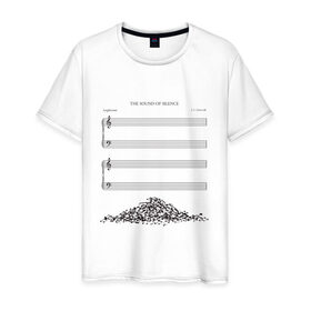 Мужская футболка хлопок с принтом Звук тишины в Тюмени, 100% хлопок | прямой крой, круглый вырез горловины, длина до линии бедер, слегка спущенное плечо. | горка | звук | куча | мелодия | минимализм | ноты | страница | тетрадь | тишина