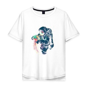 Мужская футболка хлопок Oversize с принтом Космическая медуза в Тюмени, 100% хлопок | свободный крой, круглый ворот, “спинка” длиннее передней части | астронавт | космонавт | космос | краски | медуза | невесомость | свет. отражение. тело | скафандр | фантастика | цвета | чудеса