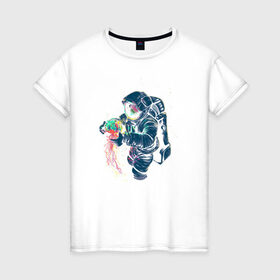 Женская футболка хлопок с принтом Космическая медуза в Тюмени, 100% хлопок | прямой крой, круглый вырез горловины, длина до линии бедер, слегка спущенное плечо | Тематика изображения на принте: астронавт | космонавт | космос | краски | медуза | невесомость | свет. отражение. тело | скафандр | фантастика | цвета | чудеса