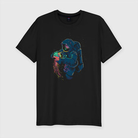 Мужская футболка хлопок Slim с принтом Космическая медуза в Тюмени, 92% хлопок, 8% лайкра | приталенный силуэт, круглый вырез ворота, длина до линии бедра, короткий рукав | Тематика изображения на принте: астронавт | космонавт | космос | краски | медуза | невесомость | свет. отражение. тело | скафандр | фантастика | цвета | чудеса