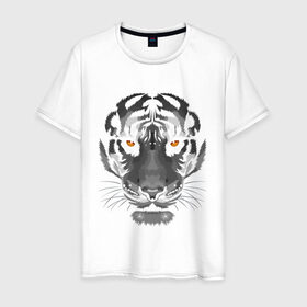 Мужская футболка хлопок с принтом Белый тигр в Тюмени, 100% хлопок | прямой крой, круглый вырез горловины, длина до линии бедер, слегка спущенное плечо. | белый | голова | лицо | портрет | тигр | хищник | шерсть