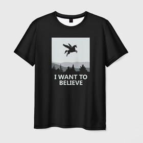 Мужская футболка 3D с принтом I Want to Believe в Тюмени, 100% полиэфир | прямой крой, круглый вырез горловины, длина до линии бедер | Тематика изображения на принте: magic | unicorn | верить | единорог | лес | магия