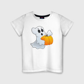 Детская футболка хлопок с принтом Привидение с тыквой в Тюмени, 100% хлопок | круглый вырез горловины, полуприлегающий силуэт, длина до линии бедер | halloween | тыква | хэллоуин