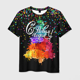 Мужская футболка 3D с принтом Ёлка в Тюмени, 100% полиэфир | прямой крой, круглый вырез горловины, длина до линии бедер | брызги | верховный | дизайнерская | ёлка | ель | зима | искусство | картинка | кляксы | краски | круто | лучший | мода | молодёжная | новый год | подарок | поздравление | праздник | радуга | рисунок