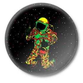 Значок с принтом Космонавт с кальяном в Тюмени,  металл | круглая форма, металлическая застежка в виде булавки | бесконечность | верховный | вселенная | графика | день | звёзды | изображение | картинка | кос | космонавт | космос | круто | лучший | мода | молодёжная | небо | поп арт | праздник | рисунок | сказка