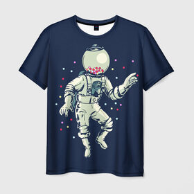 Мужская футболка 3D с принтом Космонавт и конфеты в Тюмени, 100% полиэфир | прямой крой, круглый вырез горловины, длина до линии бедер | бесконечность | верховный | вселенная | звёзды | идёт | космонавт | космос | круто | лучший | магнитофон | мода | молодёжная | музыка | на плече | небо | несёт | поп арт | радуга | рисун | сказка