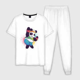 Мужская пижама хлопок с принтом Панда Зумба в Тюмени, 100% хлопок | брюки и футболка прямого кроя, без карманов, на брюках мягкая резинка на поясе и по низу штанин
 | dance | зумба | панда | танцует | танцы | фитнес