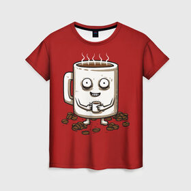 Женская футболка 3D с принтом Кофеёчек в Тюмени, 100% полиэфир ( синтетическое хлопкоподобное полотно) | прямой крой, круглый вырез горловины, длина до линии бедер | coffee | cup | food | mug | горячо | еда | кофе | кофеман | кофий | красный | крепкий | кружка | напиток | черный
