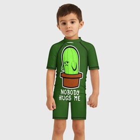 Детский купальный костюм 3D с принтом Nobody Hugs Me в Тюмени, Полиэстер 85%, Спандекс 15% | застежка на молнии на спине | cactus | hugs | me | nobody | sad | горшок | горшочек | грусть | кактус | надпись | обнимашки | объятия | печаль | тоска