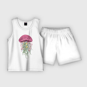 Детская пижама с шортами хлопок с принтом Медуза и цветы в Тюмени,  |  | для девушек | женская | женские | медуза | с медузой | с цветами | цветочки | цветы