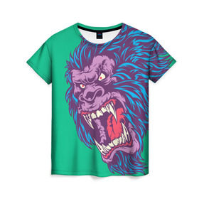Женская футболка 3D с принтом Neon Yeti в Тюмени, 100% полиэфир ( синтетическое хлопкоподобное полотно) | прямой крой, круглый вырез горловины, длина до линии бедер | beast | gorilla | monster | горилла | животное | йети | монстр