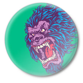 Значок с принтом Neon Yeti в Тюмени,  металл | круглая форма, металлическая застежка в виде булавки | beast | gorilla | monster | горилла | животное | йети | монстр