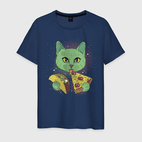 Мужская футболка хлопок с принтом Кот в Космосе в Тюмени, 100% хлопок | прямой крой, круглый вырез горловины, длина до линии бедер, слегка спущенное плечо. | cat | kitty | pussycat | космический кот | космос | кот | кот с пиццей | котенок | котики | коты в космосе | котэ | кошка | полосатый