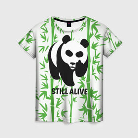Женская футболка 3D с принтом Still Alive в Тюмени, 100% полиэфир ( синтетическое хлопкоподобное полотно) | прямой крой, круглый вырез горловины, длина до линии бедер | alive | bamboo | green | greenpeace | panga | peace | still | бамбук | грин | гринпис | живая | живой | зеленый | мир | панда | панды | пис