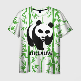 Мужская футболка 3D с принтом Still Alive в Тюмени, 100% полиэфир | прямой крой, круглый вырез горловины, длина до линии бедер | alive | bamboo | green | greenpeace | panga | peace | still | бамбук | грин | гринпис | живая | живой | зеленый | мир | панда | панды | пис