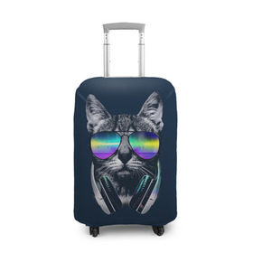 Чехол для чемодана 3D с принтом Кот в Наушниках в Тюмени, 86% полиэфир, 14% спандекс | двустороннее нанесение принта, прорези для ручек и колес | cat | cats | head | headphones | kitten | kitty | music | диджей | кот | котенок | коты | котята | кошка | кошки | музыка | наушники | очки | слушает | усы