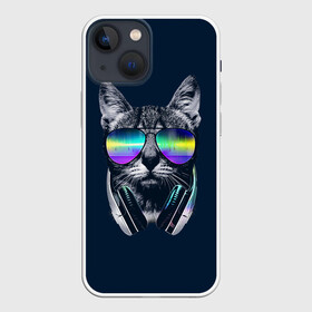 Чехол для iPhone 13 mini с принтом Кот в Наушниках в Тюмени,  |  | cat | cats | head | headphones | kitten | kitty | music | диджей | кот | котенок | коты | котята | кошка | кошки | музыка | наушники | очки | слушает | усы