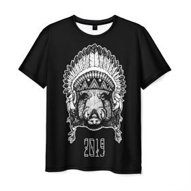 Мужская футболка 3D с принтом Кабан 2019 в Тюмени, 100% полиэфир | прямой крой, круглый вырез горловины, длина до линии бедер | верховный | вождь | год | голова | дикий | животные | индеец | ирокез | к | кабан | клыки | круто | лидер | лучший | мода | молодёжная | новый год | подарок | поздравление | поросенок | праздник | рисунок