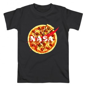 Мужская футболка хлопок с принтом NASA Pizza в Тюмени, 100% хлопок | прямой крой, круглый вырез горловины, длина до линии бедер, слегка спущенное плечо. | 