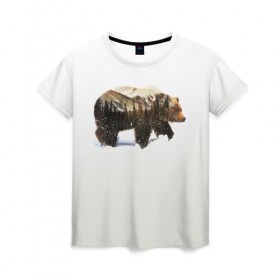 Женская футболка 3D с принтом Лесной Медведь в Тюмени, 100% полиэфир ( синтетическое хлопкоподобное полотно) | прямой крой, круглый вырез горловины, длина до линии бедер | bear | bears | forest | snow | tree | trees | winter | гора | горы | деревья | зима | лес | лесной | медведи | медведь | мишка | мишки | снег