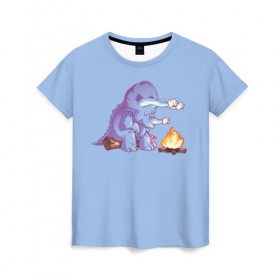 Женская футболка 3D с принтом Трицератопс у Костра в Тюмени, 100% полиэфир ( синтетическое хлопкоподобное полотно) | прямой крой, круглый вырез горловины, длина до линии бедер | dino | dinosaur | fire | flame | park | world | динозавр | динозавры | костер | мир | огонь | парк | периода | трицератопс | трицератопсы | юрского