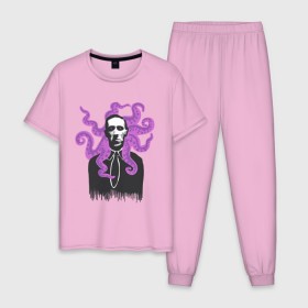 Мужская пижама хлопок с принтом Лавкрафт в Тюмени, 100% хлопок | брюки и футболка прямого кроя, без карманов, на брюках мягкая резинка на поясе и по низу штанин
 | Тематика изображения на принте: cthulhu | cthulhu fhtagn | lovecraft | ктулху