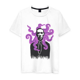 Мужская футболка хлопок с принтом Лавкрафт в Тюмени, 100% хлопок | прямой крой, круглый вырез горловины, длина до линии бедер, слегка спущенное плечо. | cthulhu | cthulhu fhtagn | lovecraft | ктулху