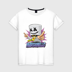 Женская футболка хлопок с принтом Marshmello в Тюмени, 100% хлопок | прямой крой, круглый вырез горловины, длина до линии бедер, слегка спущенное плечо | dj | marshmello | marshmelo | в маске | диджей | клубная | клубняк | маршмелло | маршмеллоу | маршмело | маршмэллоу | музыка | электронная