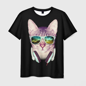 Мужская футболка 3D с принтом Кот в Наушниках в Тюмени, 100% полиэфир | прямой крой, круглый вырез горловины, длина до линии бедер | cat | cats | kitten | kitty | pussy | диджей | кот | котенок | котик | котики | коты | котята | кошка | кошки | наушники | очки