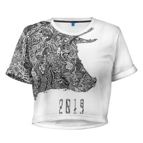 Женская футболка 3D укороченная с принтом Год свиньи 2019 в Тюмени, 100% полиэстер | круглая горловина, длина футболки до линии талии, рукава с отворотами | 