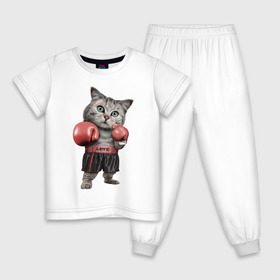 Детская пижама хлопок с принтом Кот боксёр в Тюмени, 100% хлопок |  брюки и футболка прямого кроя, без карманов, на брюках мягкая резинка на поясе и по низу штанин
 | боец | бокс | боксёр | кот | котёнок | кошак | кошка | кулак | спорт | шорты