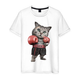 Мужская футболка хлопок с принтом Кот боксёр в Тюмени, 100% хлопок | прямой крой, круглый вырез горловины, длина до линии бедер, слегка спущенное плечо. | Тематика изображения на принте: боец | бокс | боксёр | кот | котёнок | кошак | кошка | кулак | спорт | шорты